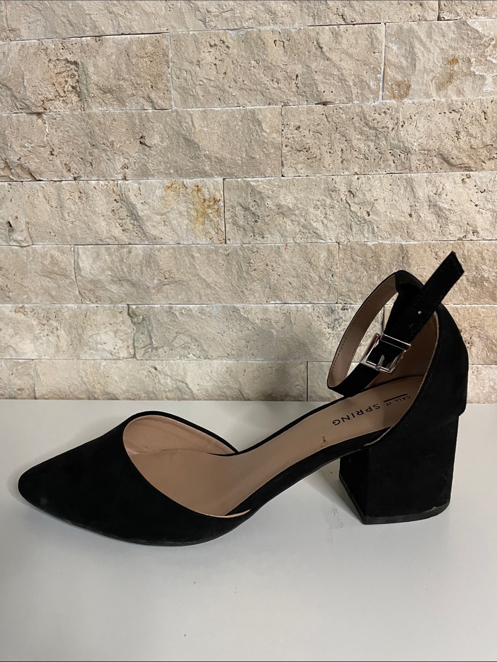 Call It Spring Black Suede D'Orsay Block Heel Pumps with Ankle Strap - Picture 5 of 9